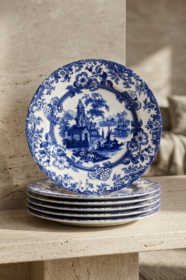 Old Town Blue 6 kişilik 25 cm Mavi Çiçek Desenli Porselen Servis Tabağı