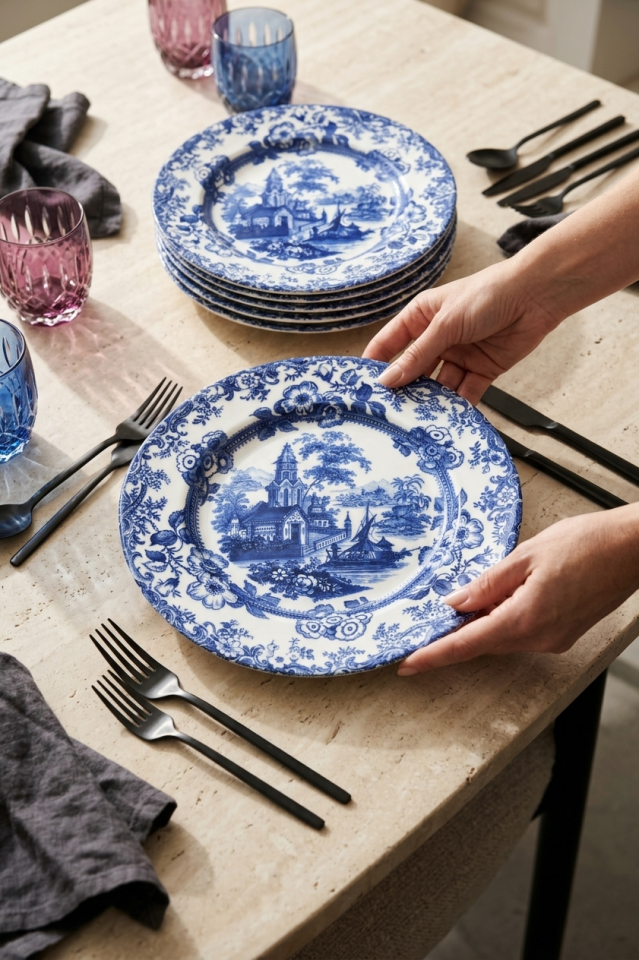 Old Town Blue 6 kişilik 25 cm Mavi Çiçek Desenli Porselen Servis Tabağı