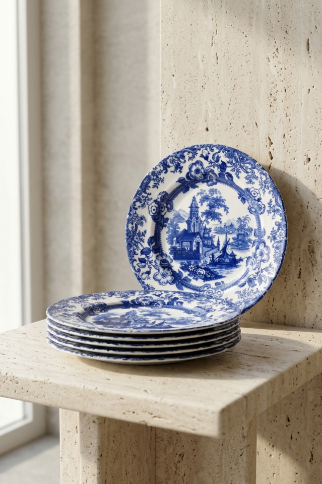 Old Town Blue 6 kişilik 25 cm Mavi Çiçek Desenli Porselen Servis Tabağı