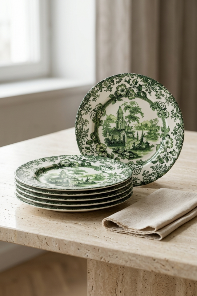 Old Town Green 6 kişilik 19 cm Porselen Yeşil Çiçek Desenli Pasta Tabağı