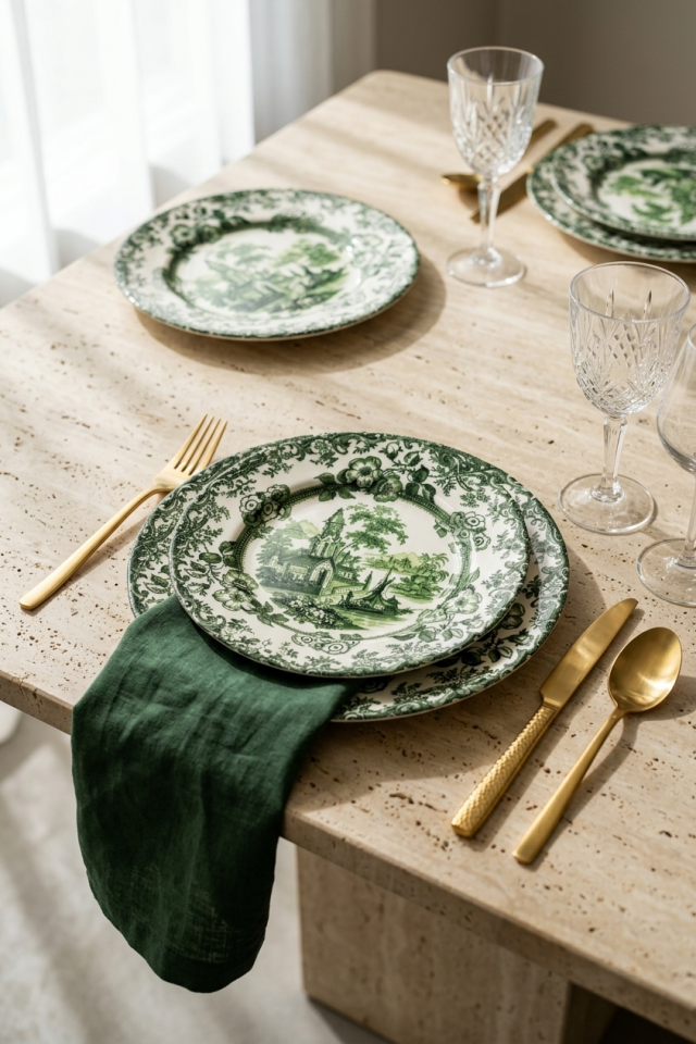 Old Town Green 6 kişilik 19 cm Porselen Yeşil Çiçek Desenli Pasta Tabağı