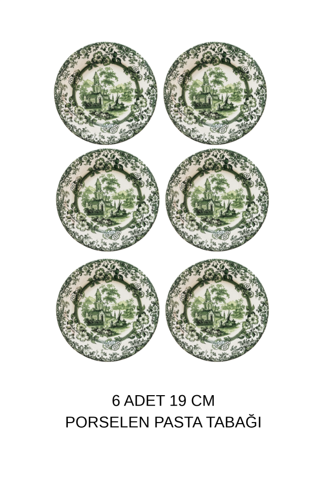 Old Town Green 6 kişilik 19 cm Porselen Yeşil Çiçek Desenli Pasta Tabağı