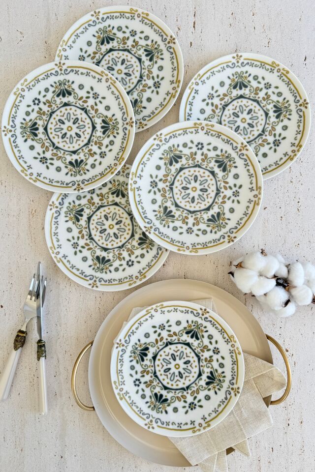 Harmoni 6 kişilik 19 cm Özel Tasarım Premium Porselen Pasta Tabağı Takımı yeşil Haki