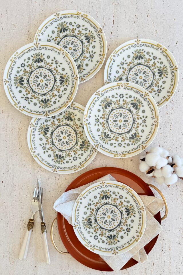 Harmoni 6 kişilik 19 cm Özel Tasarım Premium Porselen Pasta Tabağı Takımı yeşil Haki