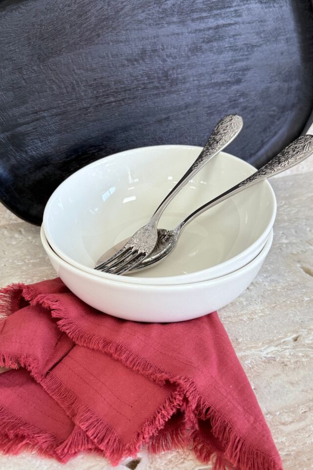 Modern Krem 19 cm 2'li Derin Premium Porselen Salata Kasesi Sunum Seti Krem