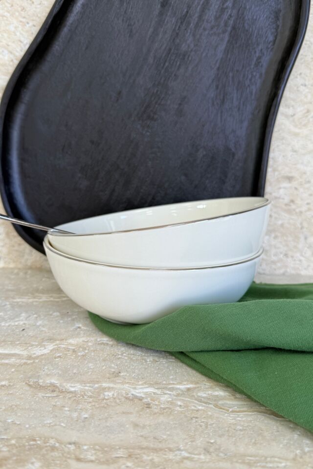 Modern Krem 19 cm 2'li Derin Premium Porselen Salata Kasesi Sunum Seti Gümüş