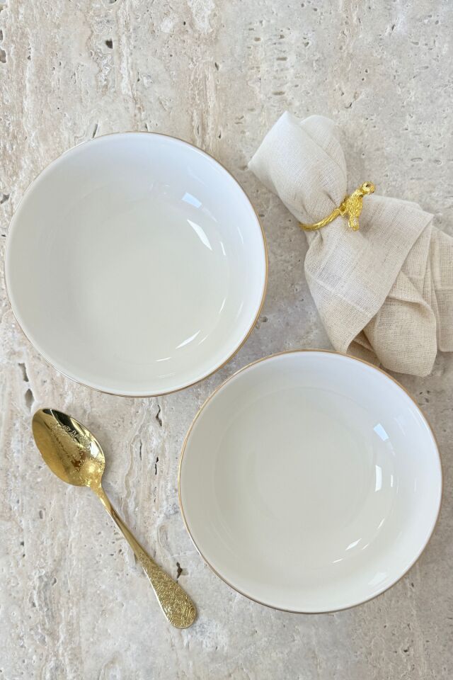 Modern Krem 19 cm 2'li Derin Premium Porselen Salata Kasesi Sunum Seti Gold