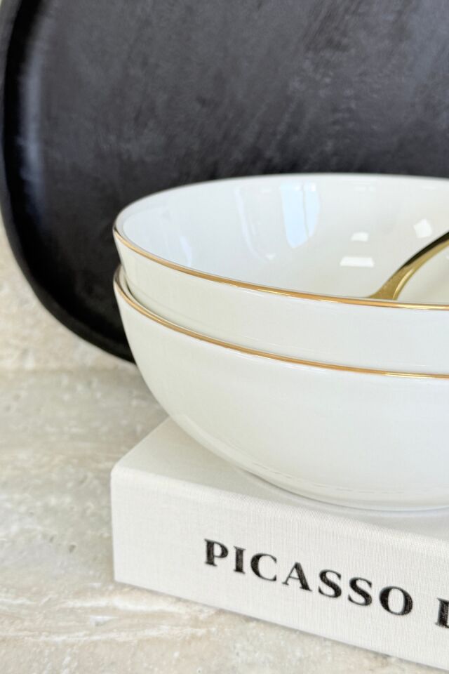 Modern Krem 19 cm 2'li Derin Premium Porselen Salata Kasesi Sunum Seti Gold