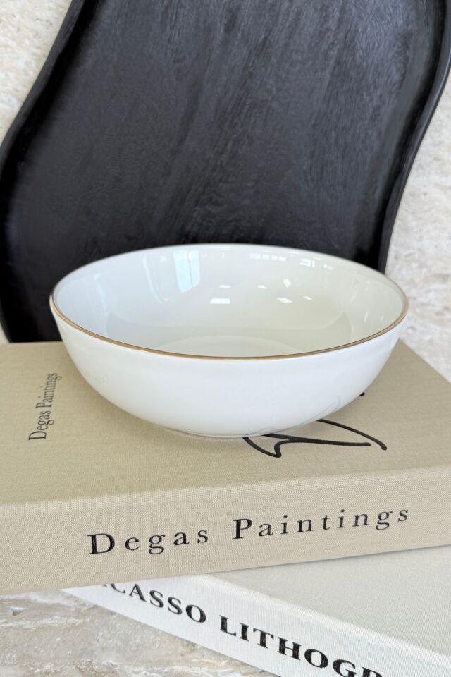 Modern Krem 19 cm 2'li Derin Premium Porselen Salata Kasesi Sunum Seti Gold
