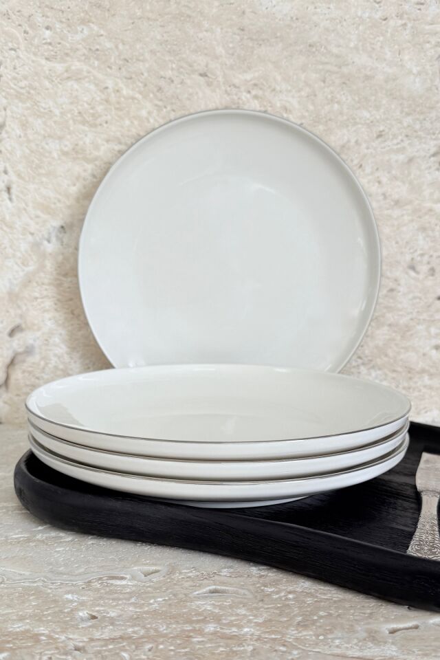 Modern Gümüş Krem 4 Kişilik 27 Cm Premium Porselen Servis Tabağı Takımı Gümüş