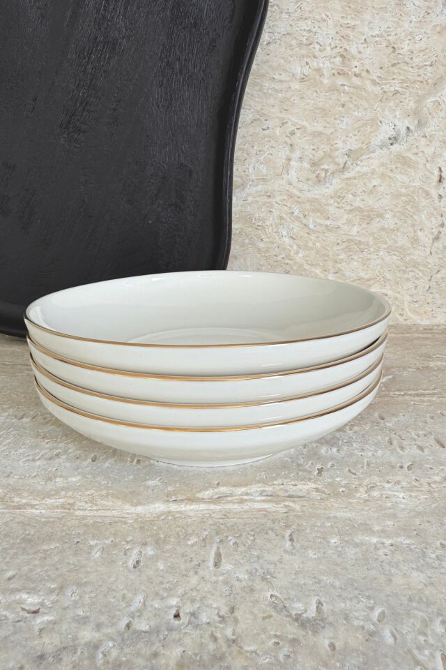 Modern Gümüş Krem 4 Kişilik 19 Cm Porselen Çukur Yemek Tabağı Seti KREM
