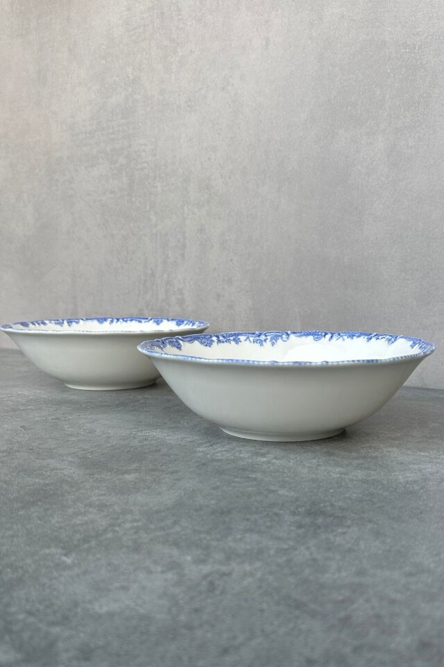 Antique Green 2li 23 Cm Premium Porselen Büyük Boy Salata Kasesi Sunum Servis Seti Yeşil Çiçekli Mavi