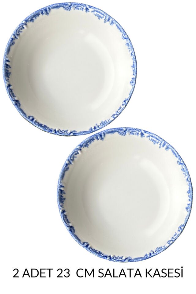 Antique Green 2li 23 Cm Premium Porselen Büyük Boy Salata Kasesi Sunum Servis Seti Yeşil Çiçekli Mavi