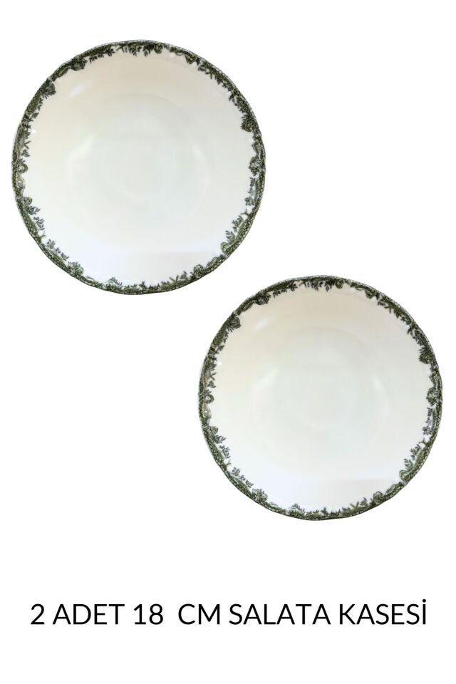 Antique Green 2li 18 Cm Premium Porselen Orta Boy Salata Kasesi Sunum Servis Seti Yeşil Çiçekli Yeşil