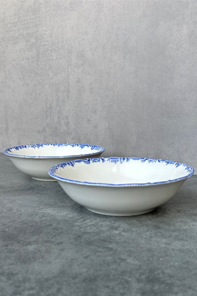 Antique Green 2li 18 Cm Premium Porselen Orta Boy Salata Kasesi Sunum Servis Seti Yeşil Çiçekli Mavi