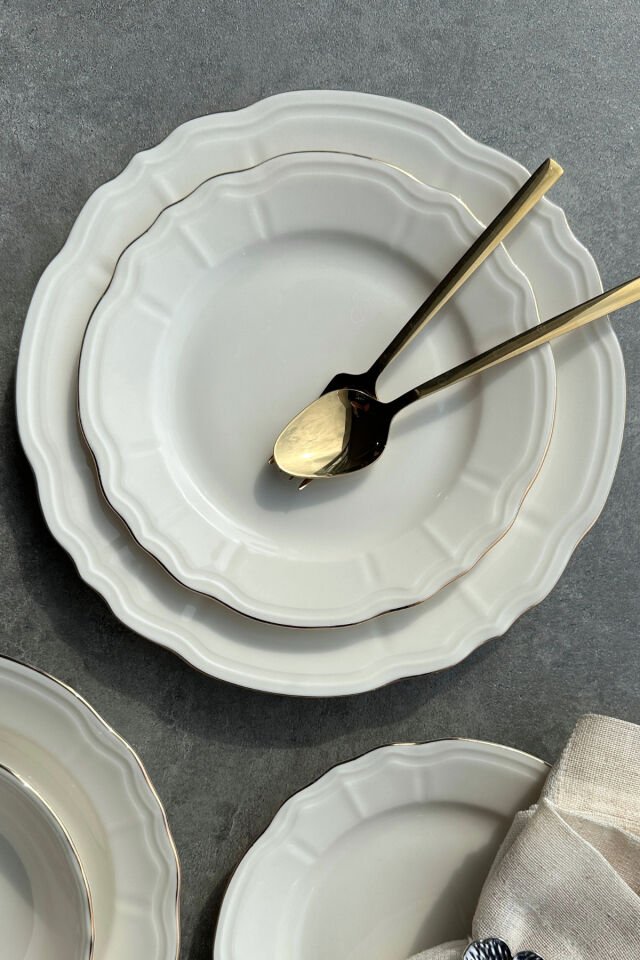 Elegance Perla Gold Krem 24 Parça 6 Kişilik Premium Porselen Yemek Takımı ( Altın Detay ) Gold