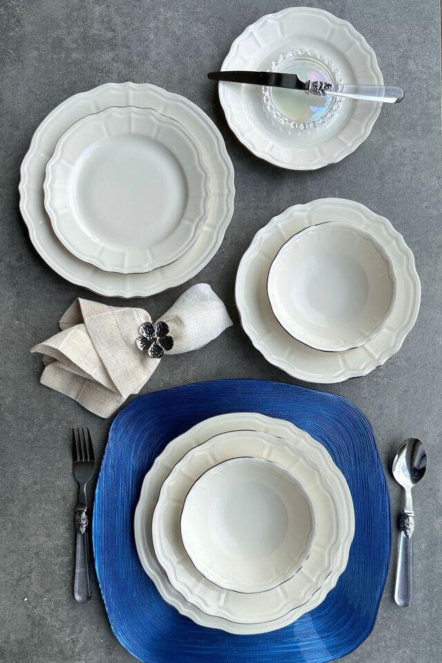 Elegance Perla Gold Krem 24 Parça 6 Kişilik Premium Porselen Yemek Takımı ( Altın Detay ) Gümüş