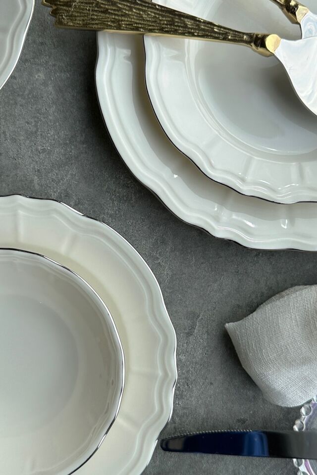 Elegance Perla Gold Krem 24 Parça 6 Kişilik Premium Porselen Yemek Takımı ( Altın Detay ) Gümüş