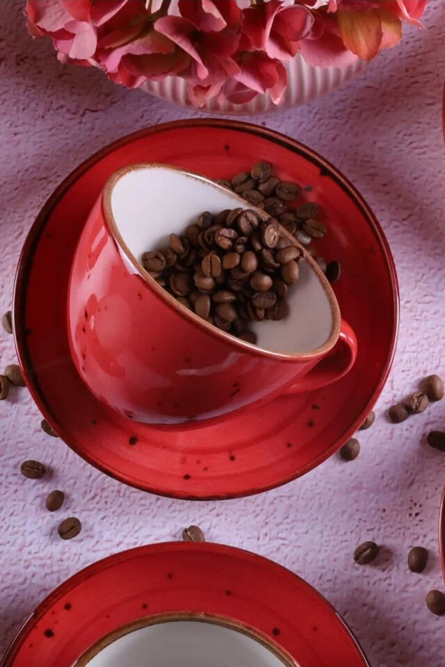 Reactive 93 Mavi 4 Parça 2 Kişilik Jumbo Boy 300 ML Porselen Cappucino Latte Fincan Takımı Latte Art Kırmızı