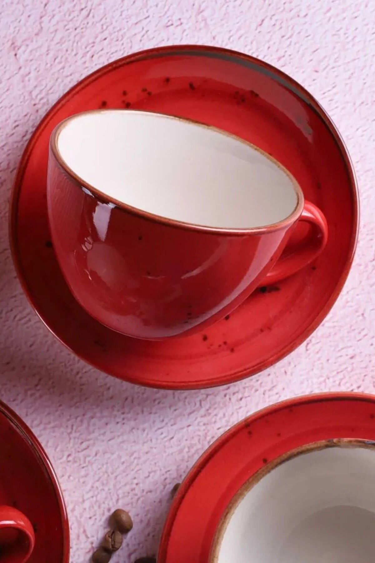 Reactive 93 Mavi 4 Parça 2 Kişilik Jumbo Boy 300 ML Porselen Cappucino Latte Fincan Takımı Latte Art Kırmızı