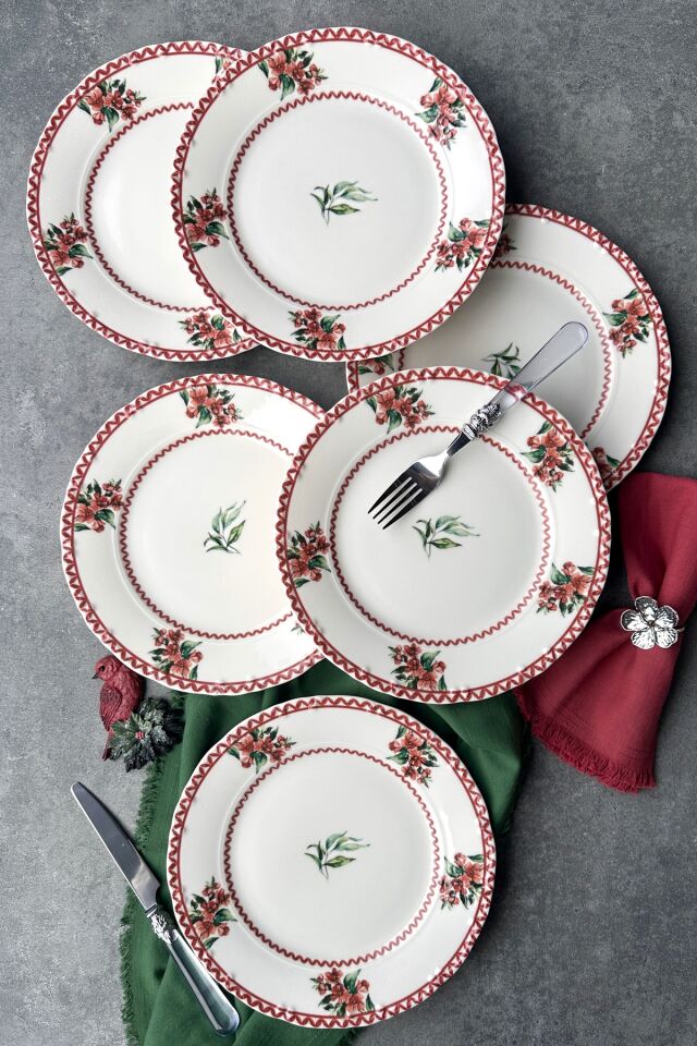 Shiraz 6 kişilik 25 cm Özel Tasarım Premium Porselen Servis Tabağı Takımı Yeni Yıl Kırmızı Yeşil Bordo