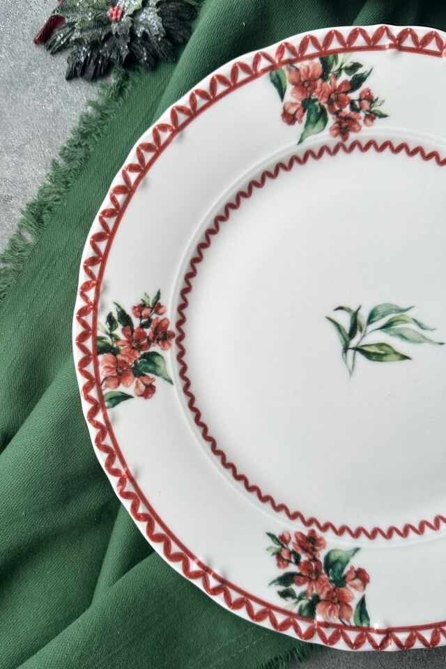 Shiraz 6 kişilik 25 cm Özel Tasarım Premium Porselen Servis Tabağı Takımı Yeni Yıl Kırmızı Yeşil Bordo