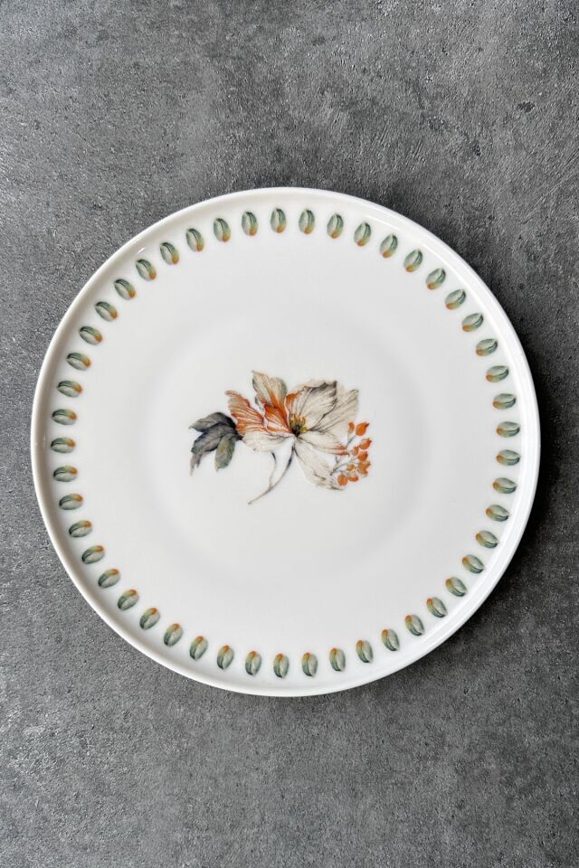 Bianco 6 kişilik 21 cm Özel Tasarım Premium Porselen Kahvaltı Pasta Tabağı Takımı Çiçek Desenli Yeşil