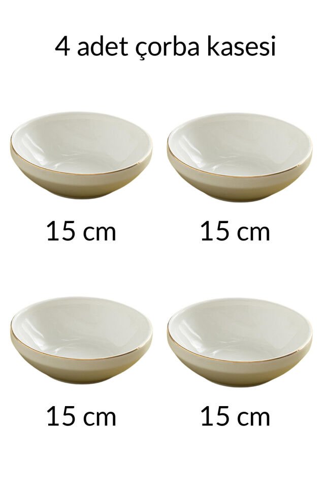 Modern Gümüş Krem 4 Kişilik 15 Cm Premium Porselen Çorba Kasesi Seti Gold