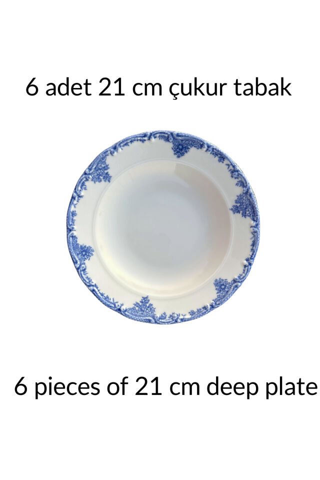 Antique Baby Blue 6 kişilik 21 cm Özel Tasarım Premium Porselen Çukur Yemek Tabağı Takımı Mavi Mavi