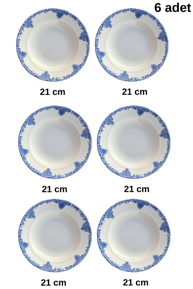 Antique Baby Blue 6 kişilik 21 cm Özel Tasarım Premium Porselen Çukur Yemek Tabağı Takımı Mavi Mavi