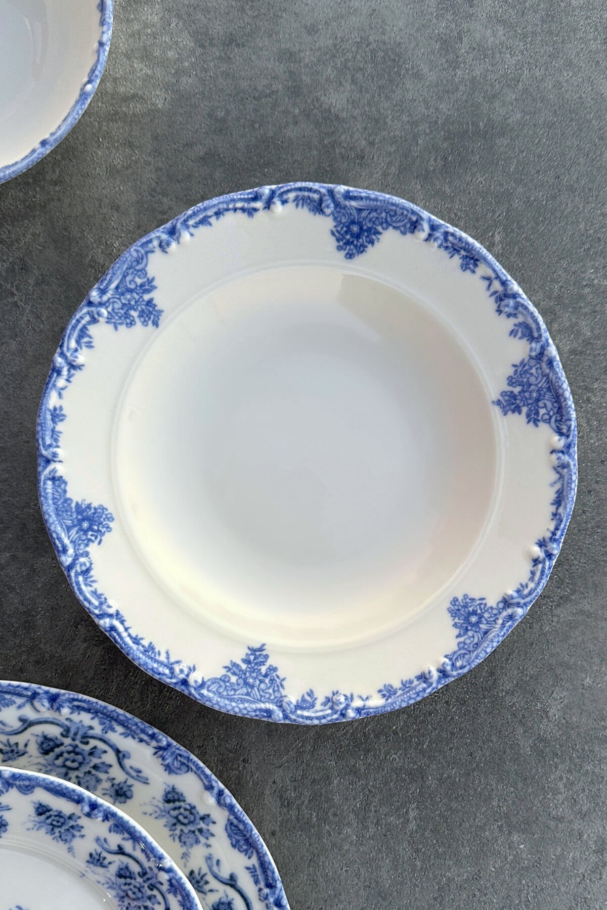 Antique Baby Blue 6 kişilik 21 cm Özel Tasarım Premium Porselen Çukur Yemek Tabağı Takımı Mavi Mavi