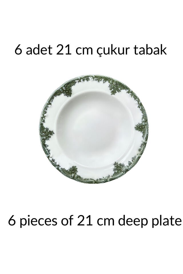 Antique Baby Blue 6 kişilik 21 cm Özel Tasarım Premium Porselen Çukur Yemek Tabağı Takımı Mavi YEŞİL