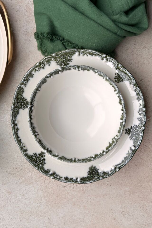 Antique Baby Blue 6 kişilik 21 cm Özel Tasarım Premium Porselen Çukur Yemek Tabağı Takımı Mavi YEŞİL