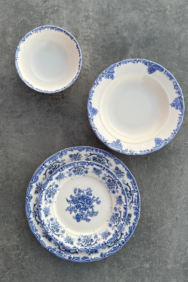 Antique Baby Blue 24 Parça 6 Kişilik Premium Porselen Yemek Takımı Özel Vintage Mavi Çiçek Mavi