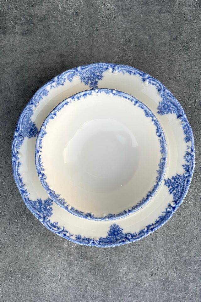 Antique Baby Blue 24 Parça 6 Kişilik Premium Porselen Yemek Takımı Özel Vintage Mavi Çiçek Mavi