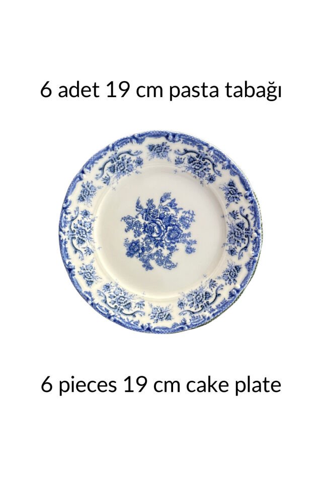 Antique Baby Blue 6 kişilik 19 cm Özel Tasarım Premium Porselen Pasta Tabağı Takımı Mavi Çiçek Desen Mavi
