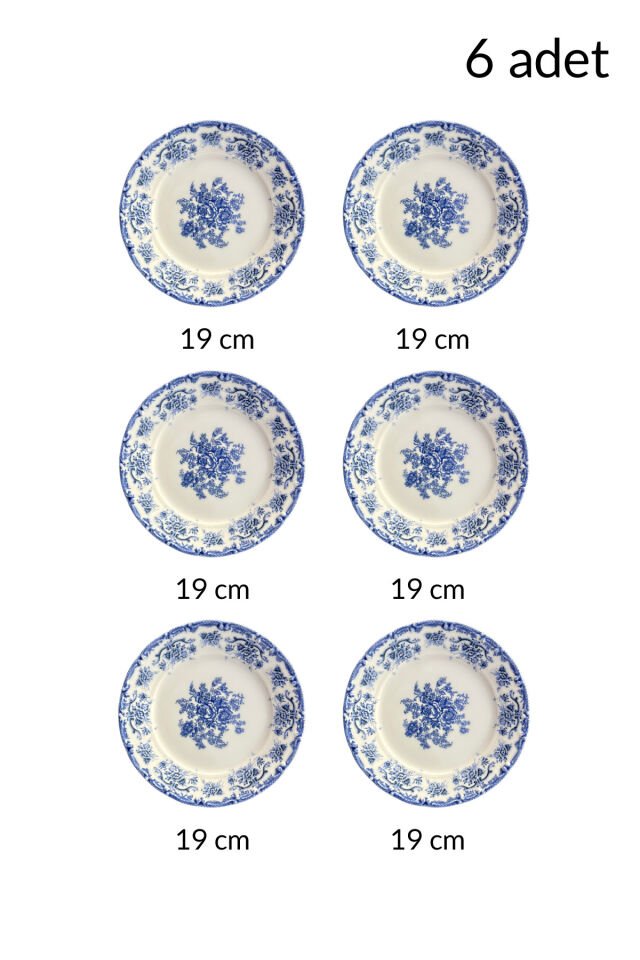 Antique Baby Blue 6 kişilik 19 cm Özel Tasarım Premium Porselen Pasta Tabağı Takımı Mavi Çiçek Desen Mavi