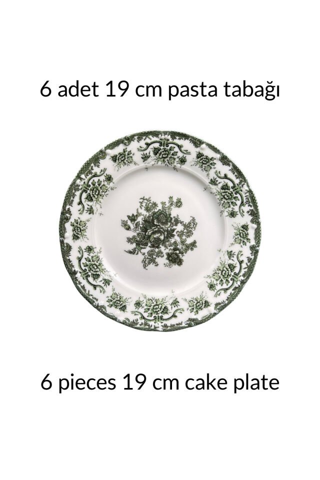 Antique Baby Blue 6 kişilik 19 cm Özel Tasarım Premium Porselen Pasta Tabağı Takımı Mavi Çiçek Desen YEŞİL