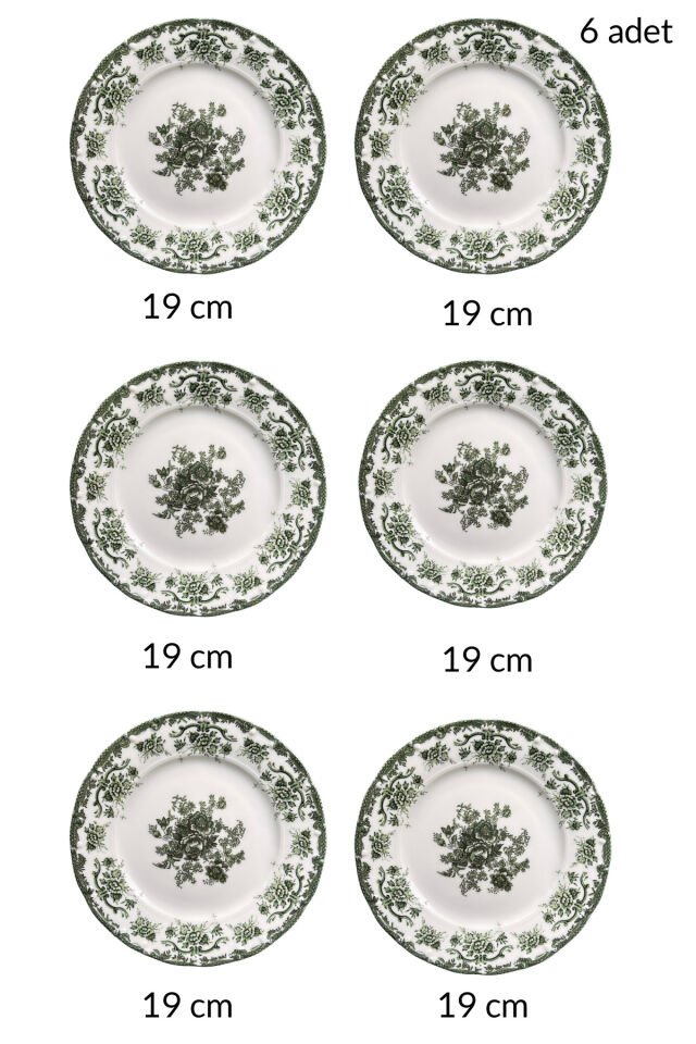 Antique Baby Blue 6 kişilik 19 cm Özel Tasarım Premium Porselen Pasta Tabağı Takımı Mavi Çiçek Desen YEŞİL