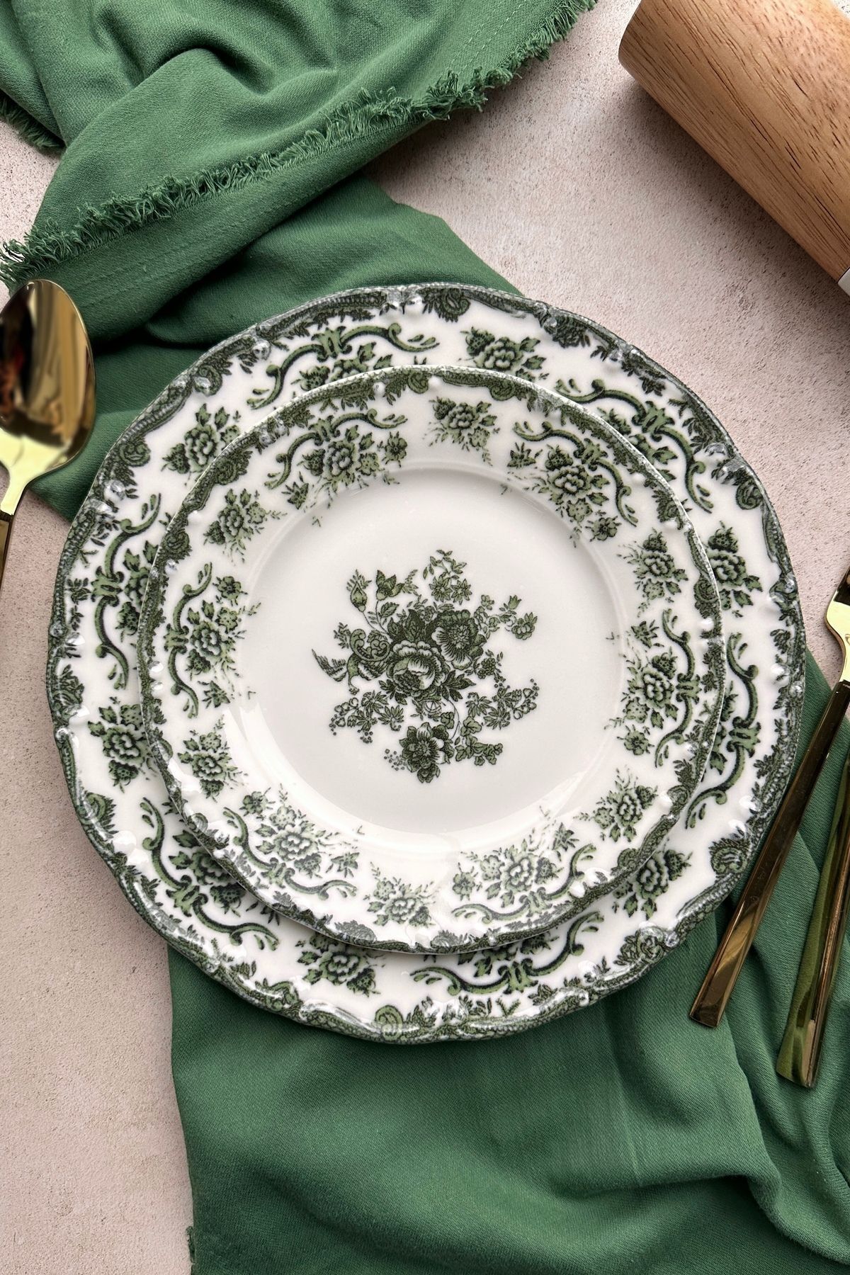 Antique Baby Blue 6 kişilik 19 cm Özel Tasarım Premium Porselen Pasta Tabağı Takımı Mavi Çiçek Desen YEŞİL