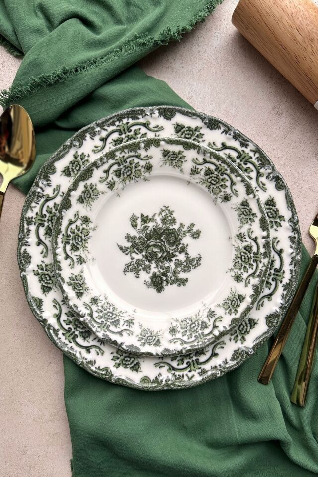 Antique Baby Blue 6 kişilik 19 cm Özel Tasarım Premium Porselen Pasta Tabağı Takımı Mavi Çiçek Desen YEŞİL