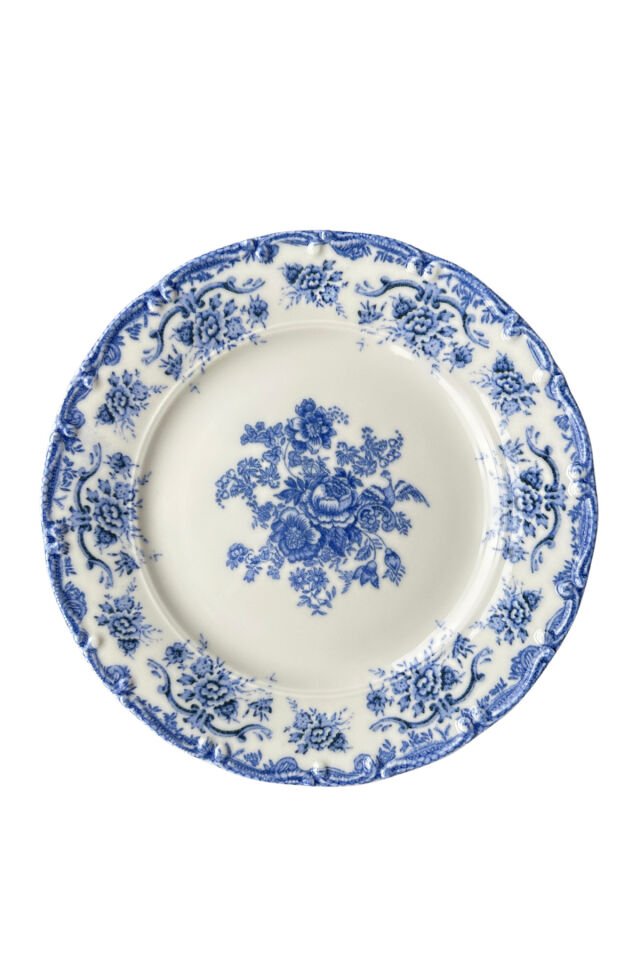 Antique Baby Blue 6 kişilik 25 cm Özel Tasarım Premium Porselen Servis Tabağı Takımı Mavi Çiçekli Mavi