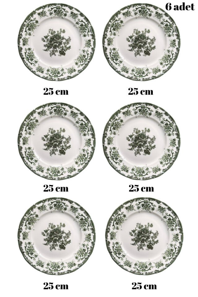 Antique Baby Blue 6 kişilik 25 cm Özel Tasarım Premium Porselen Servis Tabağı Takımı Mavi Çiçekli YEŞİL