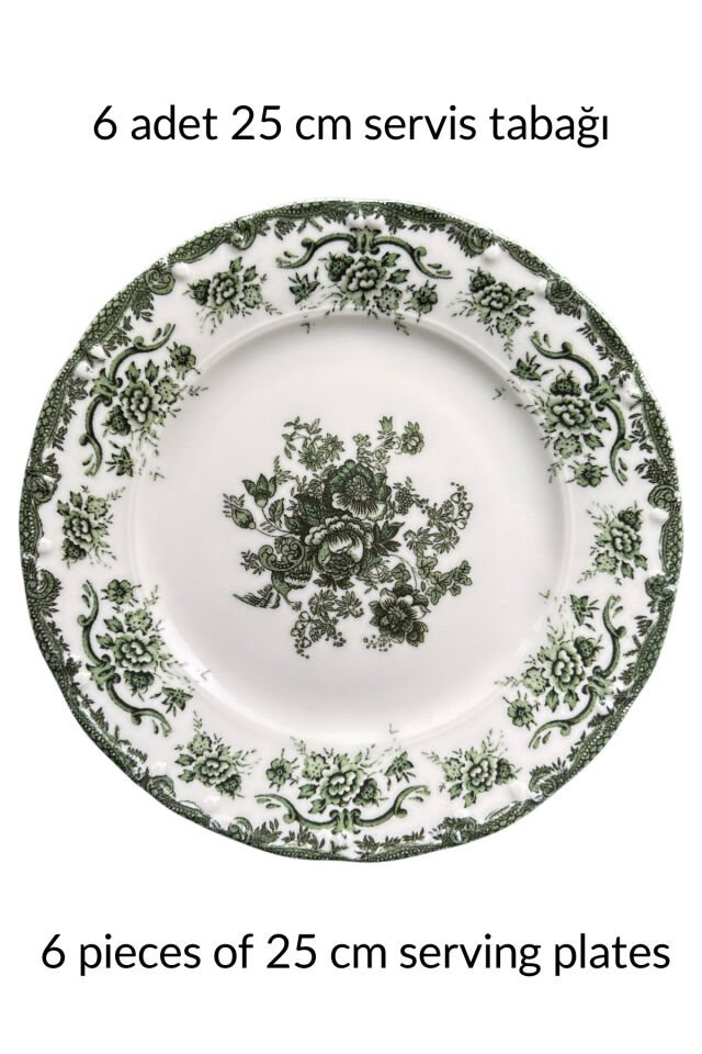 Antique Baby Blue 6 kişilik 25 cm Özel Tasarım Premium Porselen Servis Tabağı Takımı Mavi Çiçekli YEŞİL