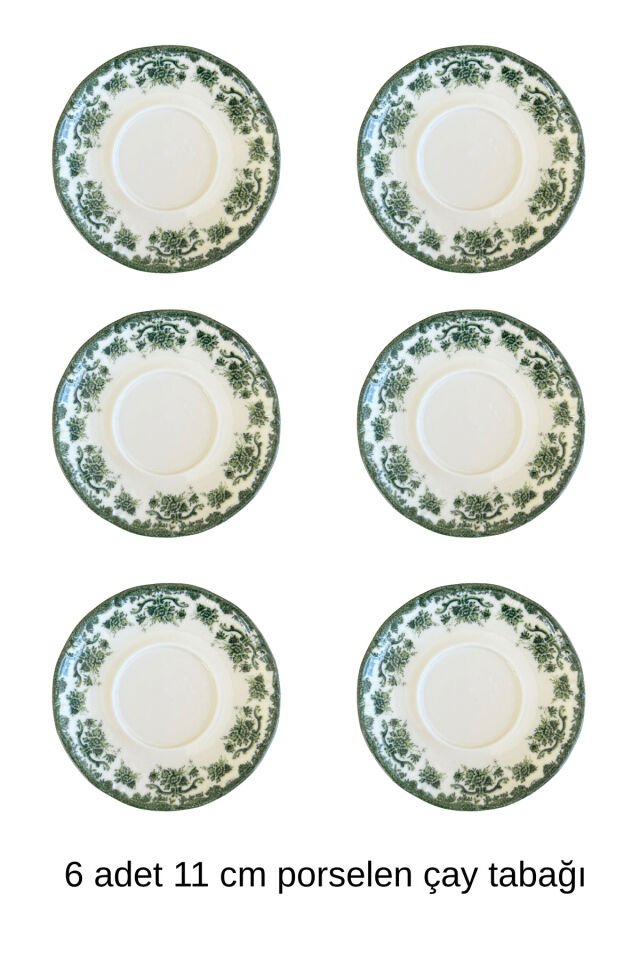 Antique baby blue 6 kişilik 11 cm 6’lı Premium Porselen Çay Tabağı Takımı 4026 yeşil