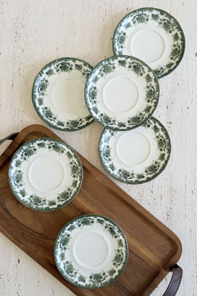 Antique baby blue 6 kişilik 11 cm 6’lı Premium Porselen Çay Tabağı Takımı 4026 yeşil