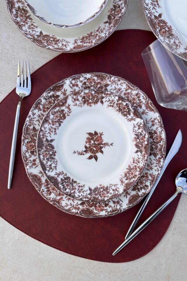 Vintage Rose 6 Kişilik 19 Cm Özel Tasarım Premium Porselen Bordo Pasta Tabağı Takımı Bordo Bordo
