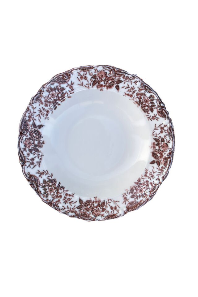 Vintage Rose 6 Kişilik 21 Cm Özel Tasarım Premium Porselen Çukur Yemek Tabağı Takımı Bordo Bordo
