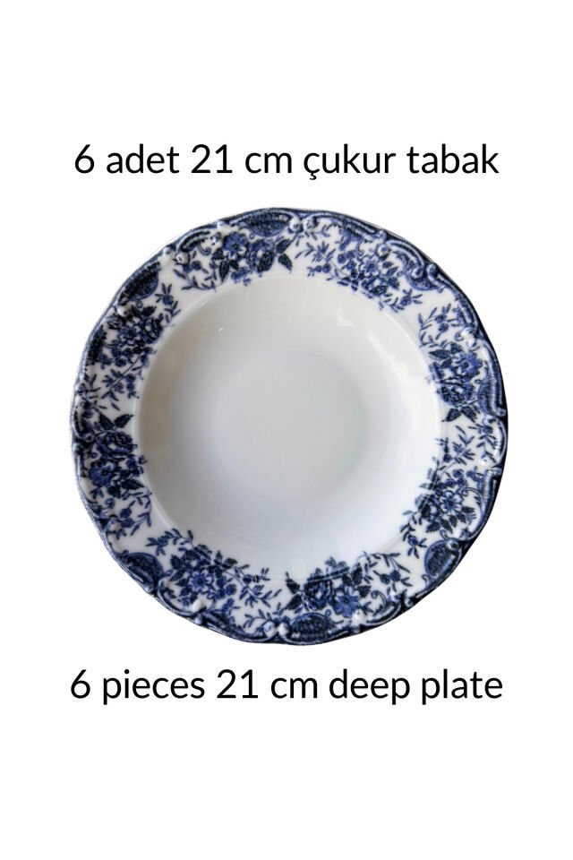 Vintage Rose 6 Kişilik 21 Cm Özel Tasarım Premium Porselen Çukur Yemek Tabağı Takımı Bordo MAVİ