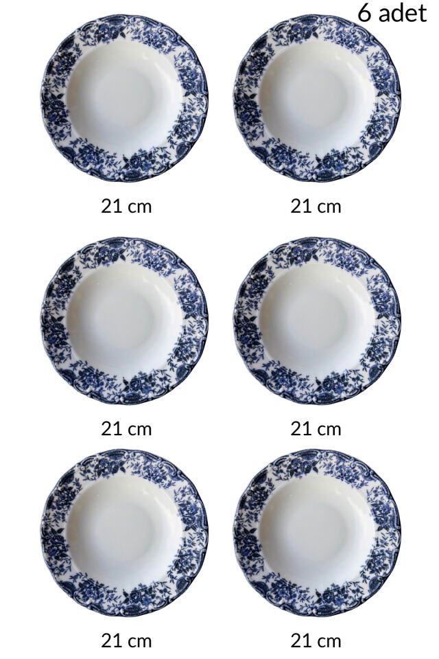 Vintage Rose 6 Kişilik 21 Cm Özel Tasarım Premium Porselen Çukur Yemek Tabağı Takımı Bordo MAVİ